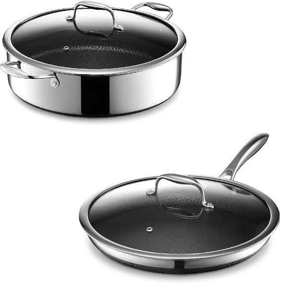 HexClad Hybrid Nonstick 4-Piece Cookware Set, 7-Litre Chicken Fryer with Lid and 30 cm Pan with Lid, Stay-Cool Handles, Dishwasher and Oven-Safe, Induction Ready, Compatible with All Cooktops