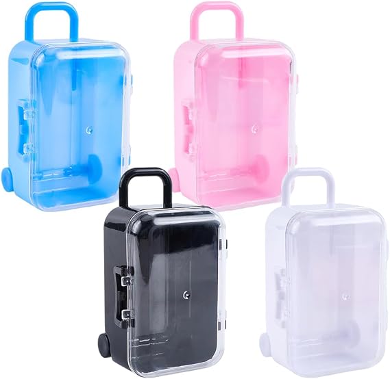 CREATCABIN 4pcs Mini Plastic Travel Suitcase Candy Box Doll Suitcase Mini Luggage Reception Gift Box Tiny Travel Luggage Cases Necklace Ring Jewelry Organizers (Blue/Pink/Black/White) 2.7×4.8×4.3In