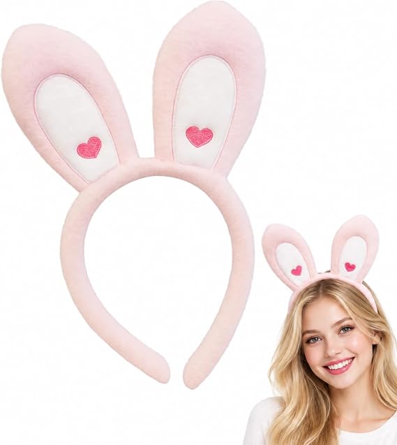 Pink Bunny Ear Headband with Glitter Hearts for Women, Plush Hair Band
