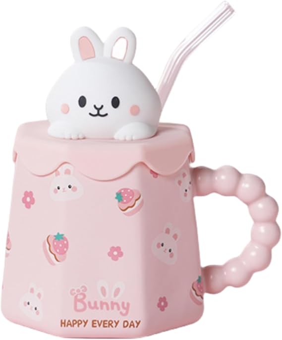 Ecqizer Cute Bunny/Bear/Panda/Cat Coffee Mug, Strawberry Cake Flower Tea Cups With Silicon Lid And Straw For Milk Chocolate Coffee, Creative Ceramic Microwaveable Cup With Handle (pink bunny)