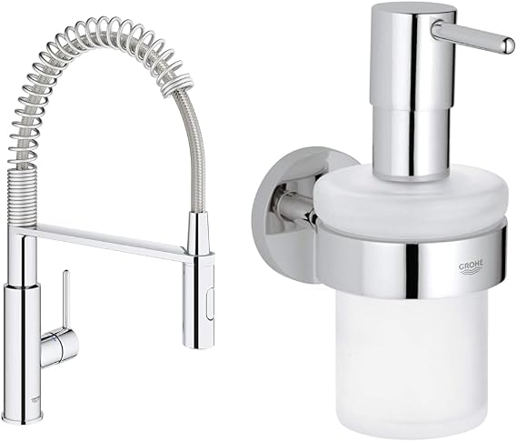 GROHE Get - Kitchen Sink Tap Single-Lever Mixer with Professional Spray & Essentials Holder with Soap Dispenser Set – (Material: Frosted Glass & Metal, Filling Quantity 160ml