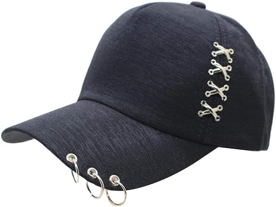Women Men Unisex Punk Rock Metal Cross Piercing Baseball Cap Hip Hop Street Style 3 Rings Adjustable Cotton Snapback Trucker Hat Black