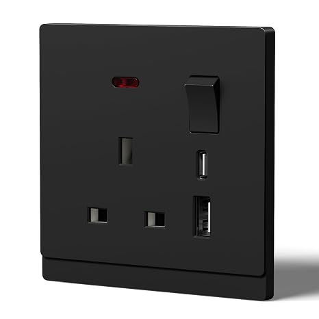 BSEED Single Socket with USB C,Tactile Finish Switched Wall Sockets,13A Electric Power Outlet,Individual Control & LED Indicator,Designer Wall Plate,Single with USB C,86mm Black