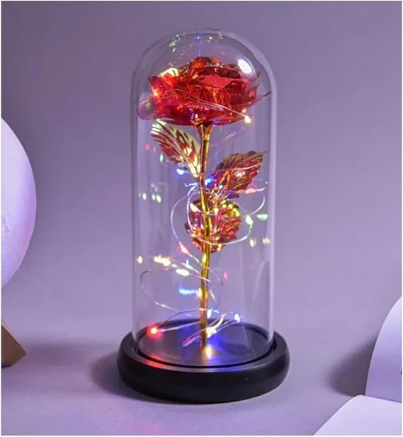 Peri Led Işıklı Solmayan Kırmızı Sonsuzluk Gülü Fanuslu Gece Lambası
