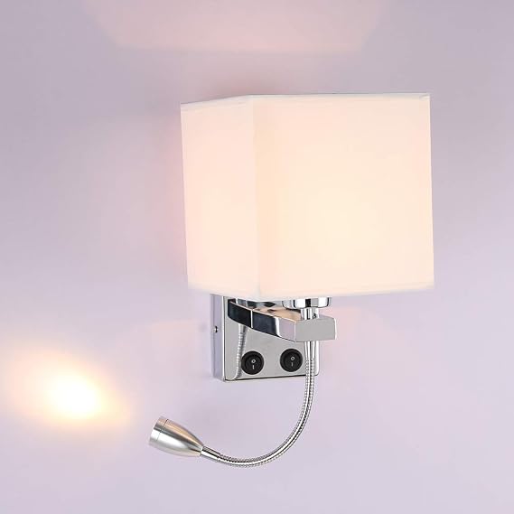 ALLOMN Bedside Wall Light, LED Reading Wall Lamp Modern Polished Chrome Walls Sconce with Adjustable Gooseneck Spotlight, Double Switches with USB Port to Charge E27 (One Light, No USB, 1 PCS)