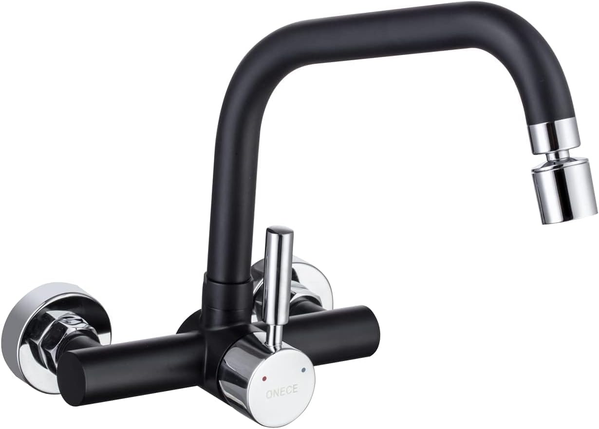 ONECE Black Wall Mounted Kitchen Tap 2 Water Jets, 304 Stainless Steel Kitchen Sink Mixer Tap with Rotating Spout, Single Handle 360° Swivel Mixer Tap Black