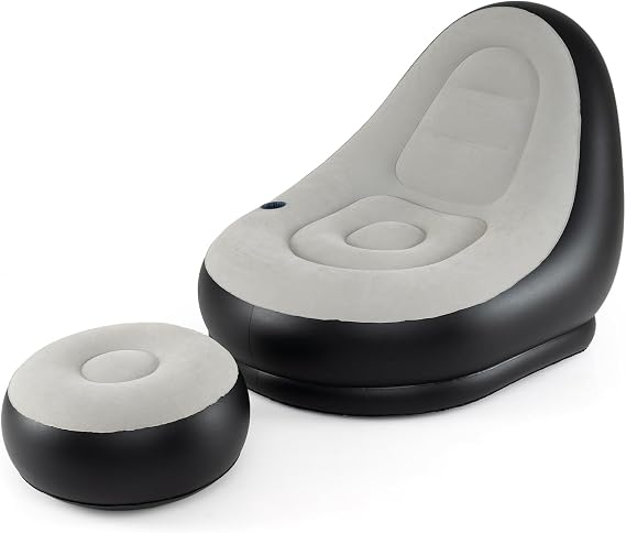 COSTWAY Inflatable Lounge Chair & Footstool, 2-Piece Portable Blow Up Lounger Ottoman Set with Built-in Cup Holder, Single Air Sofa Couch Floor Chaise Lounge Seat for Gaming Reading Movie Watching