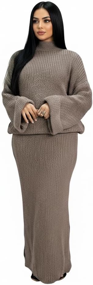 Women’s Knitted Two Piece Set – High Neck Sweater with Turn-Up Long Sleeves and Matching Maxi Skirt –Soft Knit Jumper & Skirt Co ord for Autumn Winter