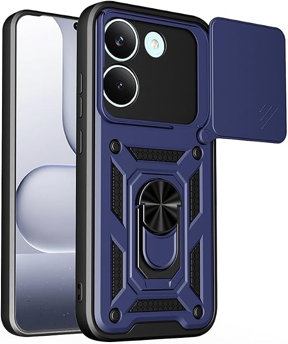 Aksesuarcim Xiaomi Poco X8 Pro ile Uyumlu Kılıfı Silikon Stand Yüzüklü Araç Tutucu Mıknatıslı Darbe ve Kamera Korumalı Tank Sürgülü Kapak Lacivert