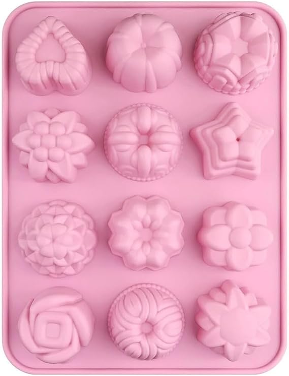 Selecto Bake 12 Cavity Silicone Mould, 3D Flower Heart Fruit Star Shaped Bakeware Mold Cake Baking Mold Tray for DIY Dessert Cake Cupcake Pudding Jelly Chocolate Candy Soap