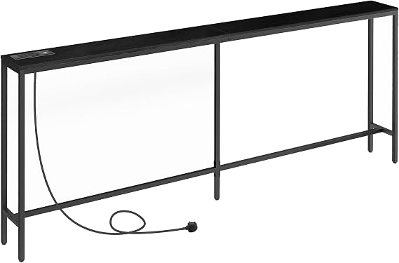 MAHANCRIS Console Table with Power Outlet, 200 cm Narrow Sofa Table, Industrial Entryway Table with USB Ports, Behind Couch for Entryway, Hallway, Living Room, Black ACTBK20KE01