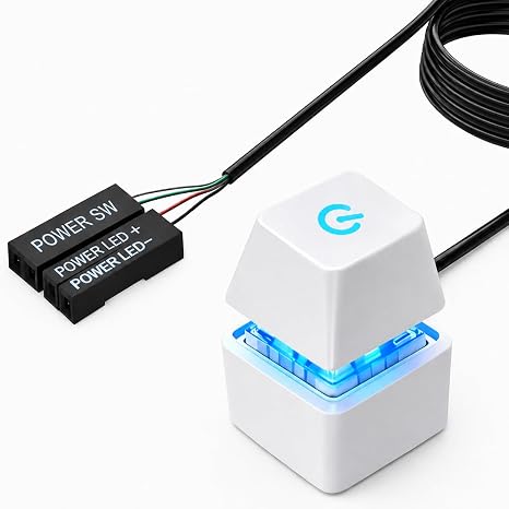 1.8M PC Power Button, Desktop Computer Power Switch with Blue LED Light, Supports PC ON/OFF Functions Mechanical Keys Remote Start Switch (White)