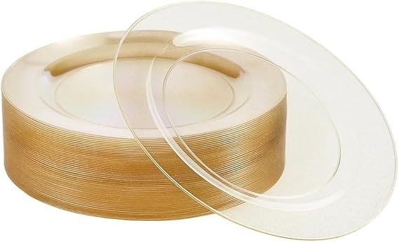 MATANA 25 Premium Clear Hard Plastic Dinner Plates with Gold Glitter, 26cm / 10 Inch - Elegant & Reusable Party Plates for Weddings, Birthdays, Picnic, BBQ, Parties