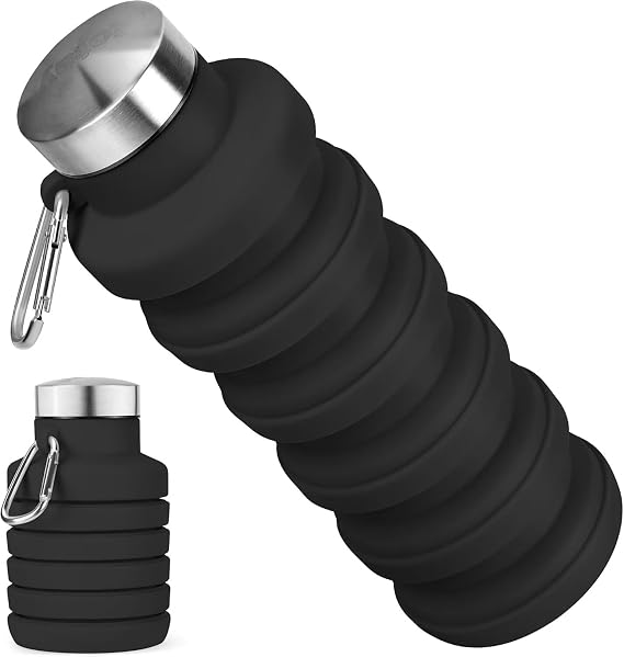 Leak-Proof Foldable Water Bottle, 16 oz Portable Reusable Silicone Water Bottle, BPA-Free, with Carabiner Clip, Lightweight Suitable for Gym, Travel, Camping, Hiking, Sports Black