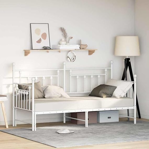 Modern Rectangular Steel Daybed Frame with Headboard, White, 207x165x107 cm, Extendable Full Bed for Bedroom Furniture, Durable Guest Bedframe