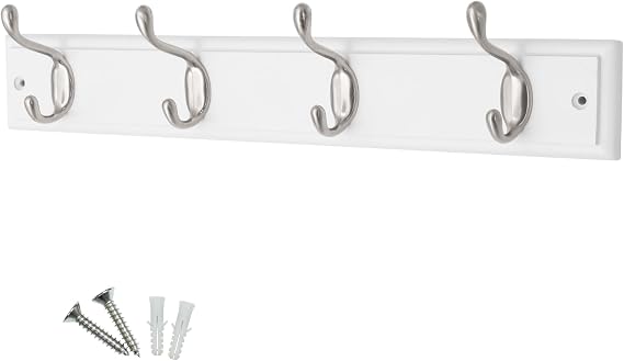 keypak 4 Satin Nickel Hook White Wooden Wall Mounted Coat Rack