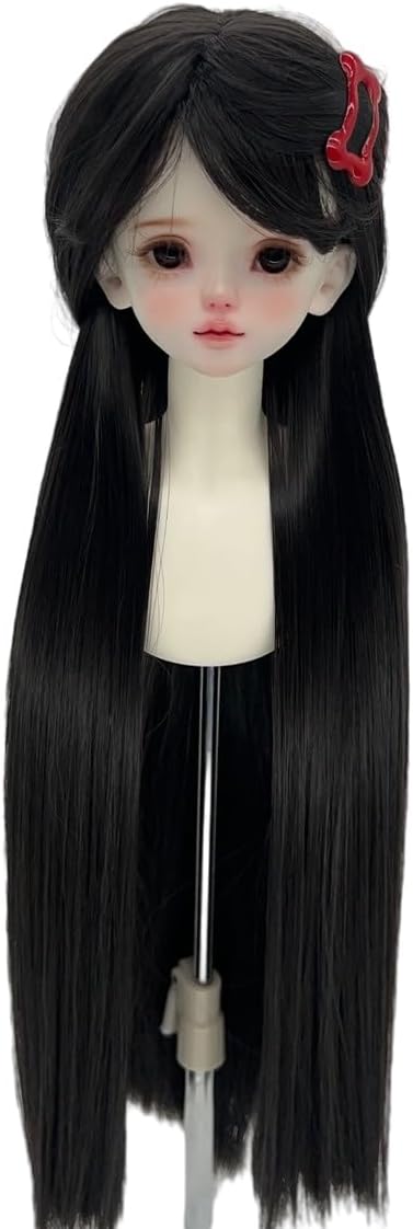 Doll Wig, Straight Long Hair with Bangs for 1/3 1/4 1/6 BJD Dolls DIY Accessory (1/3 (Head C. 22-23cm),Black)