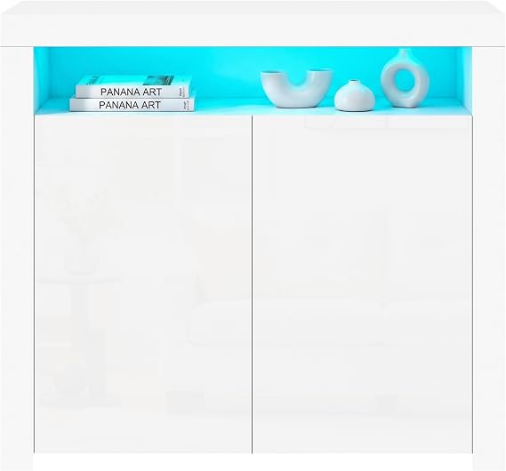 Panana 2 Door Modern LED Sideboard Matt Body and High Gloss Fronts, Cabinet Cupboard Unit with Multicolor LED Light, 107 cm *35 cm *97 cm (White)