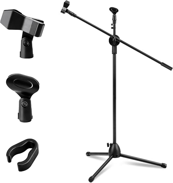 Microphone Stand with Telescopic Boom Adjustable and Portable Collapsible Studio Holder with Tripod Base, Mic Clip Adapter for Musicians, Parties, and Stages (73-175CM)