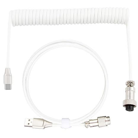 Coiled Keyboard Cable 1.8m,Type-C To USB A TPU Spring Mechanical Cable with Detachable Metal Aviator Connector Extendable Custom Coiled USB-C for PC Laptop Gaming Keyboard (White)