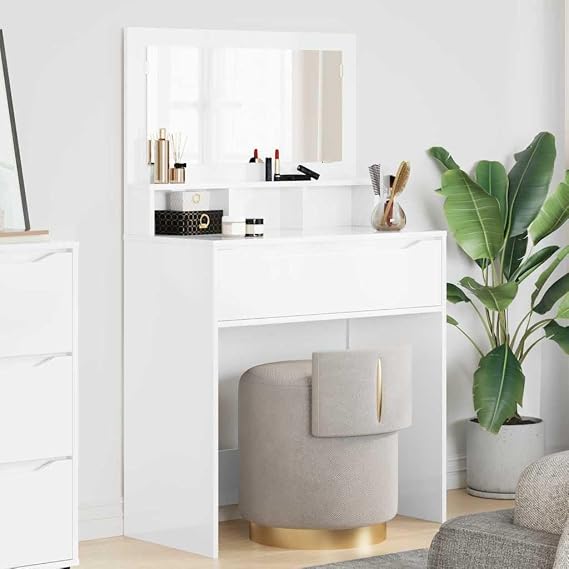 High Gloss White Modern Bedroom Dressing Table 80 x 39.6 x 135 cm with Drawers Engineered Wood Vanity Desk Sleek Minimalist Design Storage Organizer