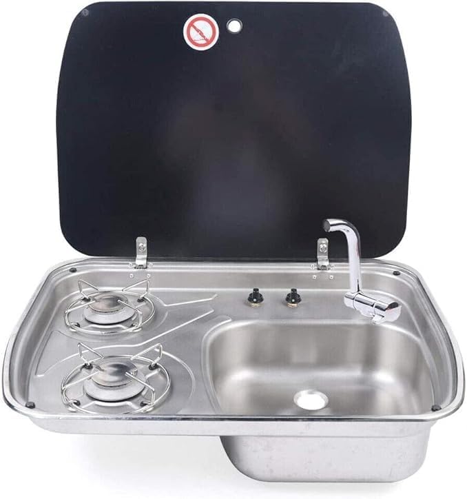 Gas Camping Stove 2 Burner RV Gas Cooktop with Stainless Steel Sink Combo and Glass Cover for Outdoor Kitchen, Motorhome, Caravan, Camper - LPG Gas Use