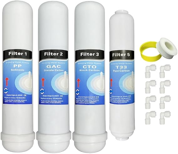 Depurtek | Reverse Osmosis Kit 4 Filters | High Performance Compatibility HIDROBOX HYDROHEALTH | Includes Teflon Roll Thread Elbows, 4 Units, Carbon…
