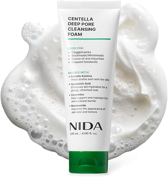 NIDA Centella Deep Pore Cleansing Foam | Centella Asiatica, Hyaluronic Acid, Ceramides, Niacinamide | Clogged Pores, Blackheads/Whiteheads, Good for Impurities & Breakouts | 4.06 oz., 120ml