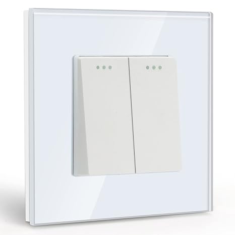BSEED 2 Gang 1 Way Light Switch,Glass Frame Wall Switch,10 Amp White Push Button Light Switch,Toggle Switch 86mm