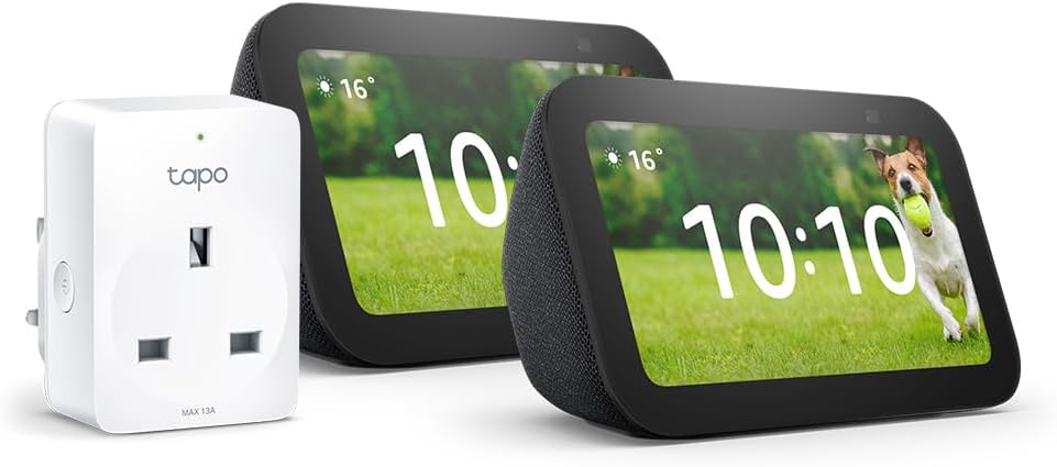 Echo Show 5 (3rd generation) | Charcoal, 2-pack + Tapo P110M Smart Plug with Energy Monitoring, Works with Alexa - Smart Home Starter Kit, with Alexa+ Early Access