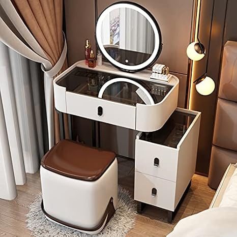 3 in 1 Dressing Table with Flip-top Mirror and Rolling Stool LED Lights Integrated Makeup，LED Makeup Vanity Table with Tempered Glass Top 3 Drawers & Storage Stool Lighted Mirror with 3 Mode