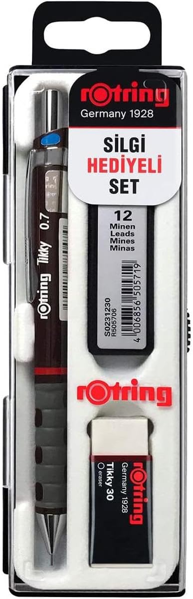 rOtring Tikky Mechanical Pencil Set, 2B 0.7 mm, Burgundy, Includes 12 Leads and Eraser