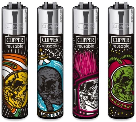 Clipper Lighters in Multipack – Set of 4 with Cool Look – Sustainable – Includes Free Crystal Decorative Balls (Astro Skulls #2)