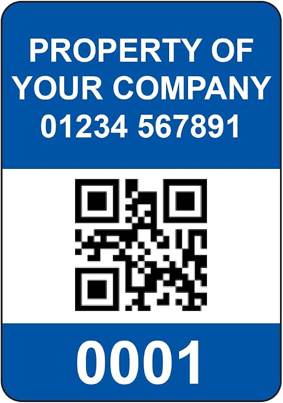 2000 Serialised QR Code Asset Tag Labels Custom Stickers- Dark Blue. 40mm x 28mm Permanent Vinyl Labels