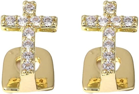 2Pcs Cross Tooth Grillz for Women Men Hip Hop Single Tooth Decoration Crystal Criss Cross Faith Religious Statement Tooth Fangs Cap Funny Teeth Grill Cosplay Party Prom Mouth Accessories Jewelry