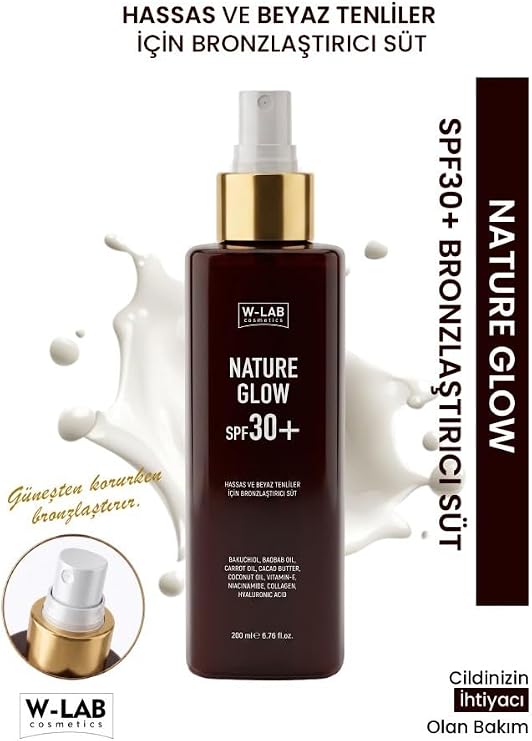W-Lab Cosmetics Nature Glow SPF30+ Hassas Ve Beyaz Ten İçin Bronzlaştırıcı Süt 200 Ml