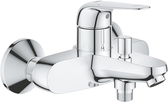 GROHE Swift QuickFix - Single-Lever Bath/Shower Mixer Filler (Wall-Mounted, Metal Lever, 35mm Ceramic Cartridge, Automatic Diverter: Bath/Shower, Easy to Fit with GROHE QuickSpanner), Chrome, 24335001
