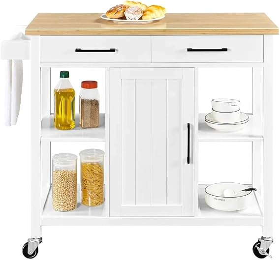 White Kitchen Island Cart on Lockable Wheels with Storage Rolling Kitchen Trolley for Dining Prep and Serving – Versatile Mobile Workstation