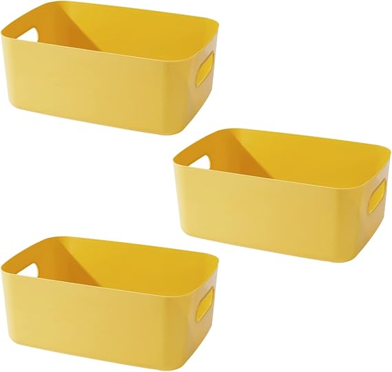 Set of 3 Small Plastic Storage Baskets, Office Home and Kitchen Tidy Organiser, For organizing stackable storage boxes with handles,19 x 13.5 x 7.5cm, (yellow)