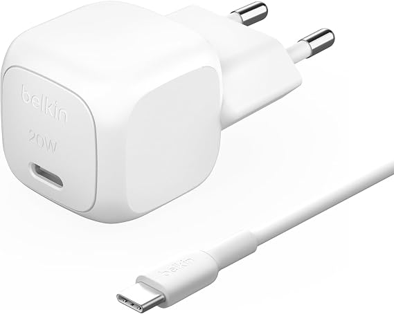 Belkin BoostCharge Kompakt Şarj Cihazı, 20 W, USB-C Güç Dağıtımı ile Hızlı Şarj, Apple iPhone 17, Samsung Galaxy S25, iPad, AirPods ve Daha Fazlası İçin, USB-C - USB-C Kablosu Dahil, Beyaz