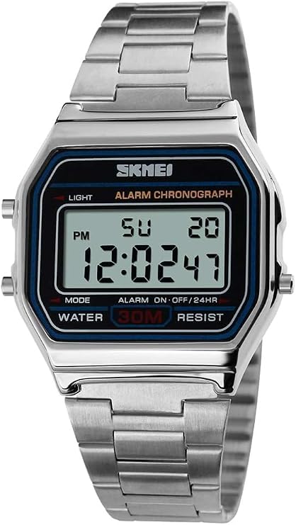 OLAZONE Men's Digital Watch Stainless Steel Band Water Resistant Electronic Square LED Back Light Wristwatch