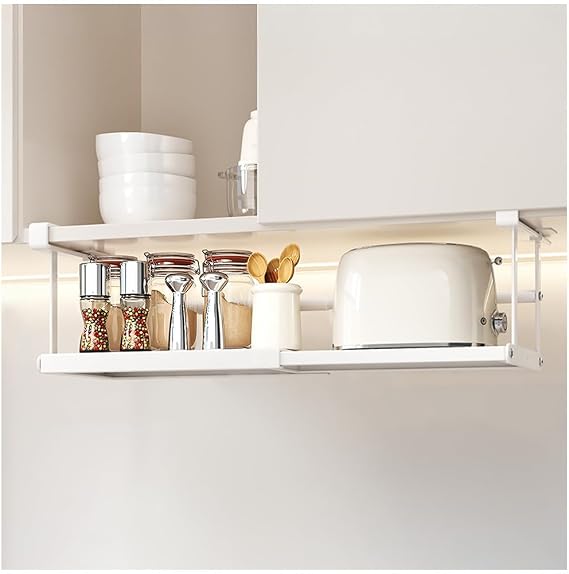 Expandable Under Shelf Storage, Adjustable Cabinet Hanging Shelf (White)