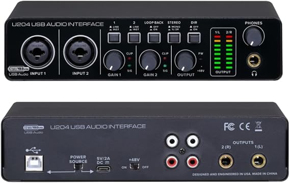 BOMGE U204 USB Audio Interface for PC Computer Recording Music, 2x2 Guitar Audio Interface for Mac 32Bit/192kHz Podcasting Streaming for Vocalist Producer with 48V Phantom