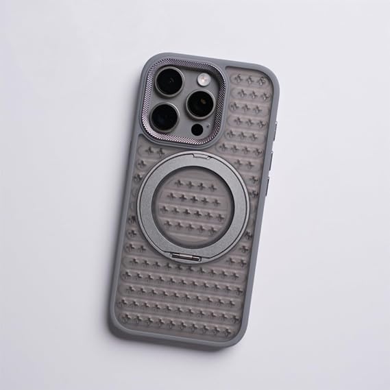 For iPhone 12 Pro用回転式スタンドホルダー付きスマホケース ワイヤレス充電対応 中空メッシュ冷却カバー（For iPhone 12 Pro用/グレー）