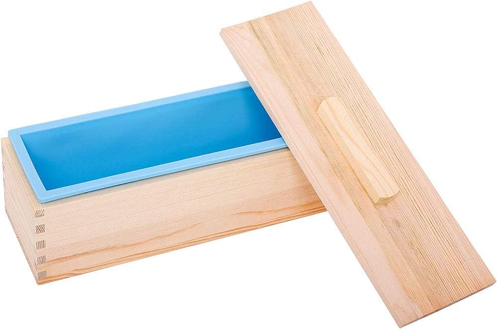 POFET Flexible Rectangular Soap Silicone Mold Wood Box w/Wooden Covers for Homemade 42oz Soap Produce