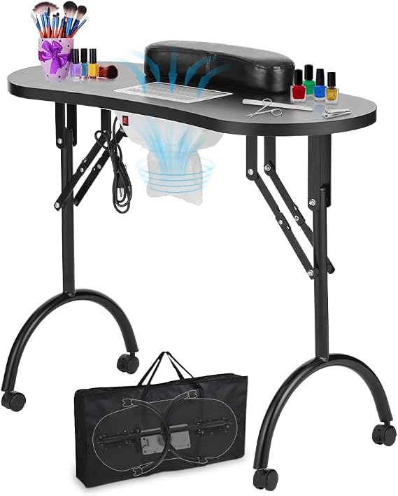 LEIBOU Professional Folding Portable Vented Beauty Manicure Table Nail Desk Salon Spa with Fan dust Collector & Bag (35''x 16''x 28'') (Black)