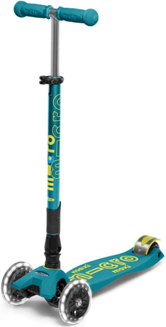Micro Maxi Deluxe Foldable Led 3 Wheel Foldable Scooter Oil Green, 5-12 Years Old, Adjustable Handlebar, Illuminated Wheels, 50 Kg Carrying Capacity