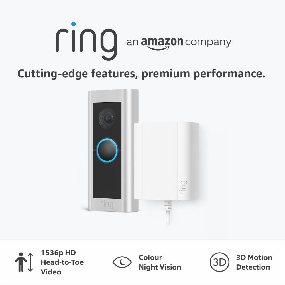 Ring Wired Video Doorbell Pro (Video Doorbell Pro 2) + Plug-In Adaptor | Doorbell camera 1536p HD, Head to Toe Video, 3D Motion Detection, Bird's Eye View | 30-day free trial of Ring Home