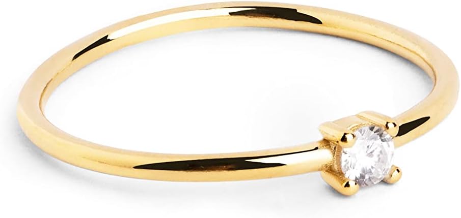 SINGULARU - Single Spark Ring - 925 Sterling Silver Ring with 18 Kt Gold Plated Finish - Solitaire Style Ring - Jewelry for Women - Made in Spain - Various Finishes and Sizes