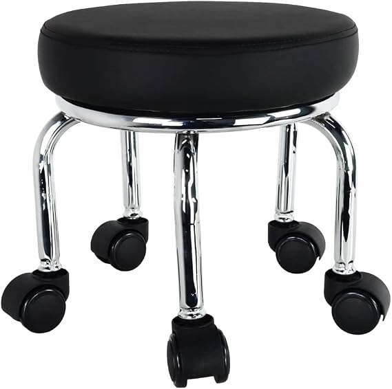 WKWKER Small Rolling Stool PU Leather Roller Seat 360° Swivel Low Round Chair with Universal Caster Wheels for Home Massage Garden Office Garage Shop Fitness Sport,H：31.5cm（Black）